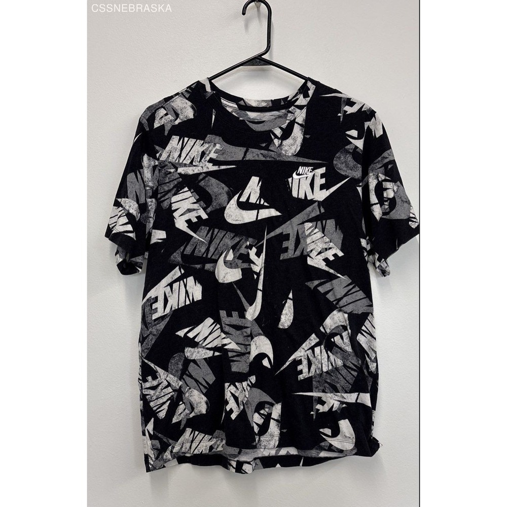 Nike All Over Logo T-Shirt Men's Black White Swoosh Graphic Tee - Size L